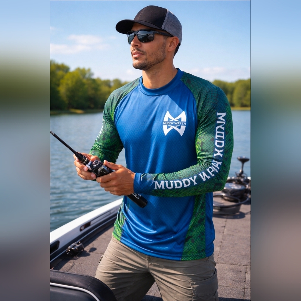 Muddy Water Fishing Performance Shirt Blue Green Long Sleeve UV Protection Angle